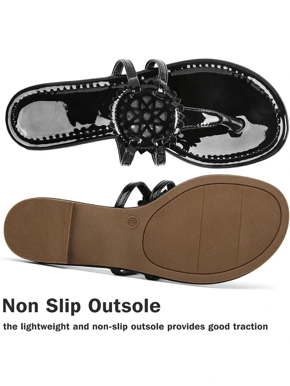 Medallion Classic Thong Flip Flops sandals Women’s Size 7 Black Faux Leather